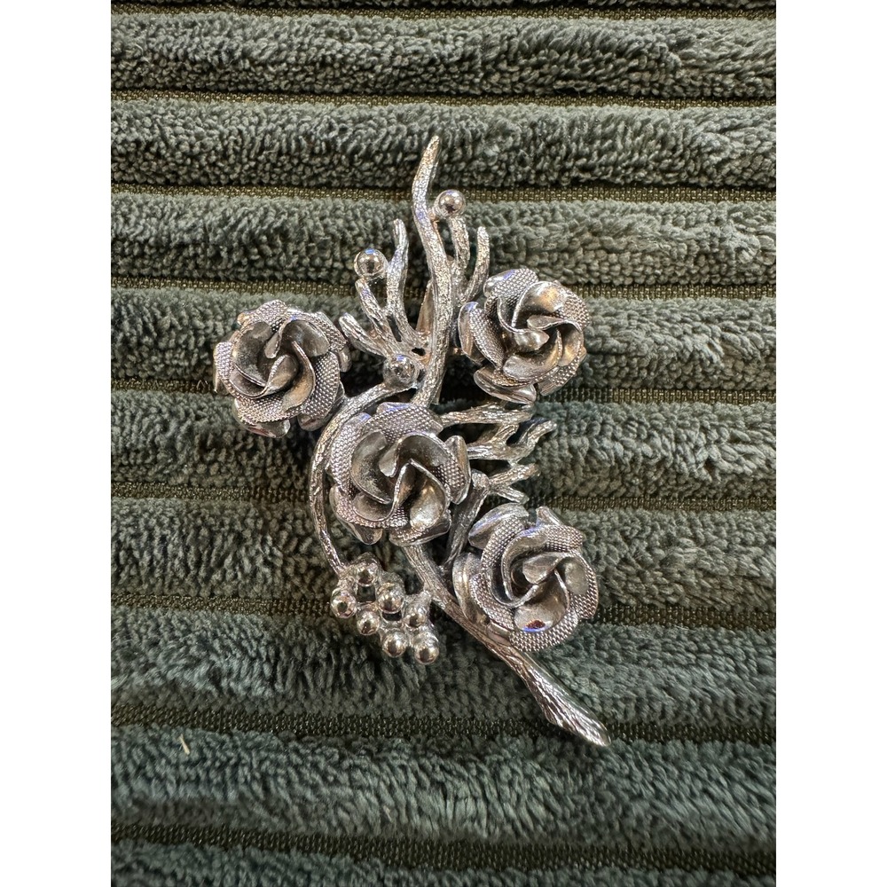 Vintage Coro Silver Tone Rose Flower Brooch Floral Design Statement Jewelry